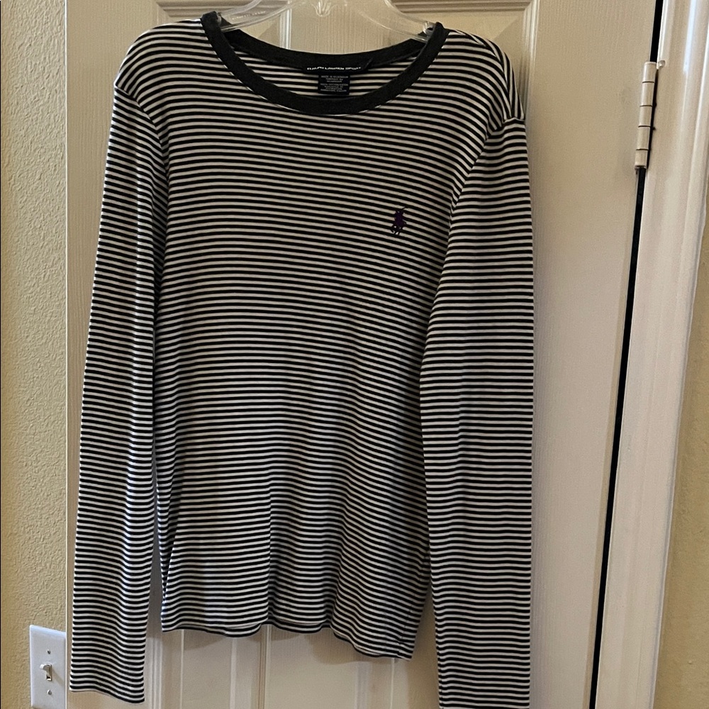 Ralph Lauren Charcoal Gray and White Striped Long Sleeve Tee